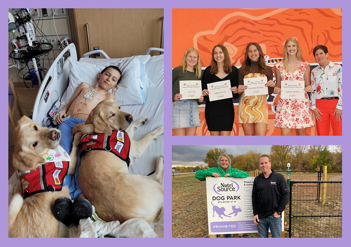 photo collage showing two facility dogs at the Masonic Children's Hospital with a patient and the NutriSource Dog Park
