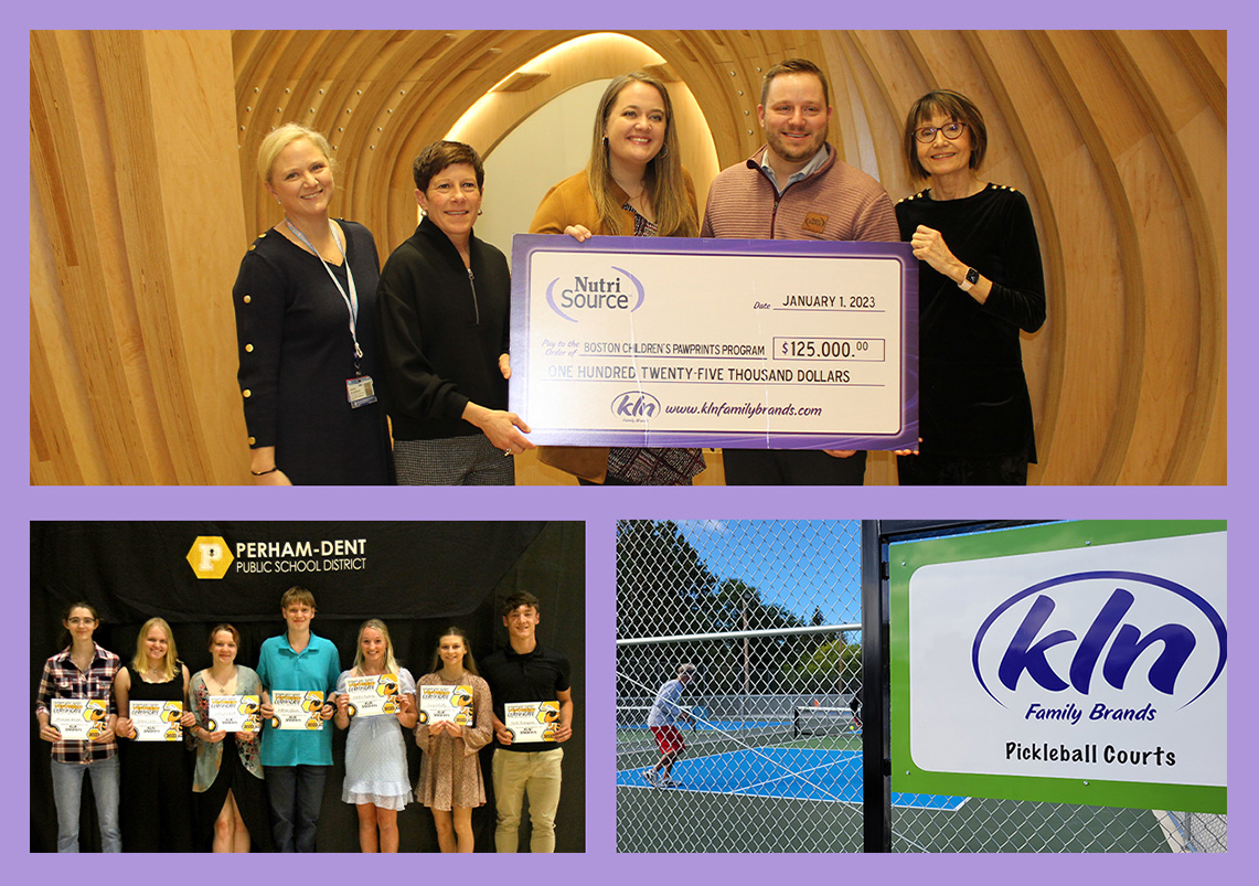 photo collage showing NutriSource gifting $125,000.00 check to Boston Children's Pawprints Program, Peram-Dent High School student Tuffy Nelson Memorial Golf Scholarship recipients, and KLN Family Brands Pickleball Courts